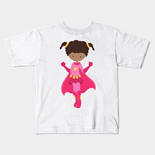 Superhero Girl, African American Girl, Pink Cape Kids T-Shirt